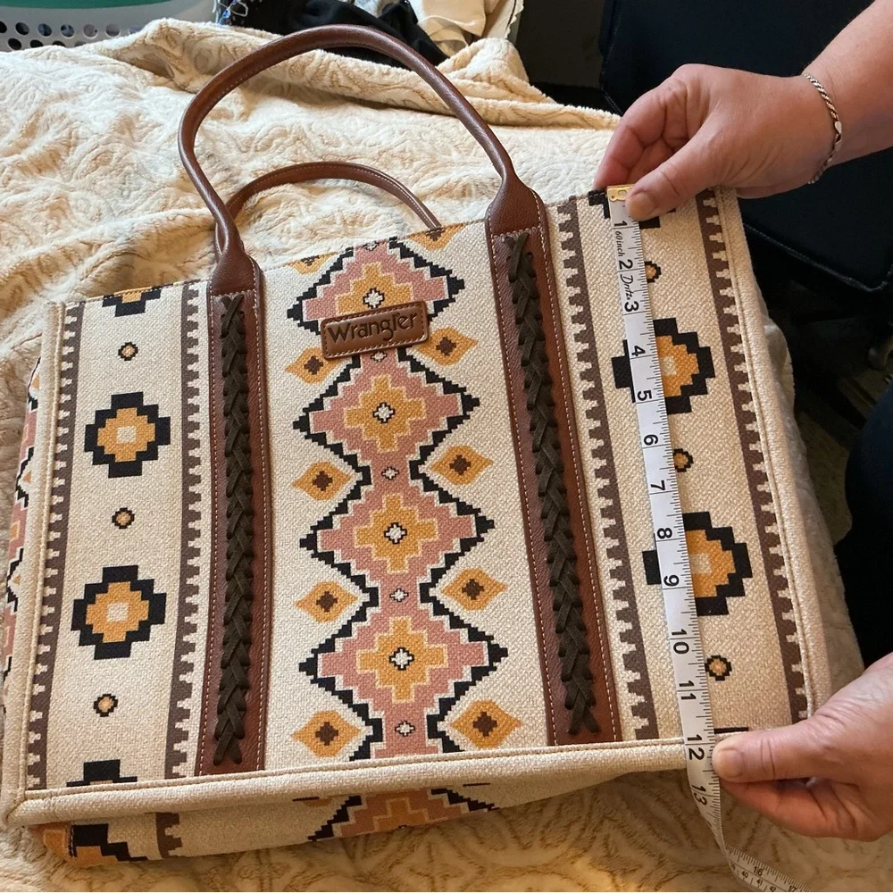 Wrangler Southwestern Aztec Print Tote Bag Cream Brown Faux Leather